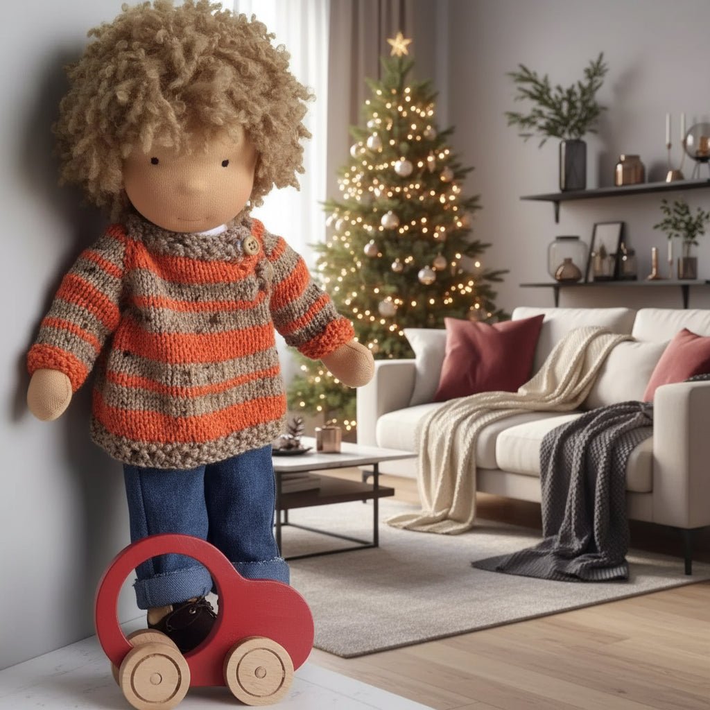 MELLOMINA – Handmade Waldorf doll made of pure cotton with 30 cm tall, soft body for children