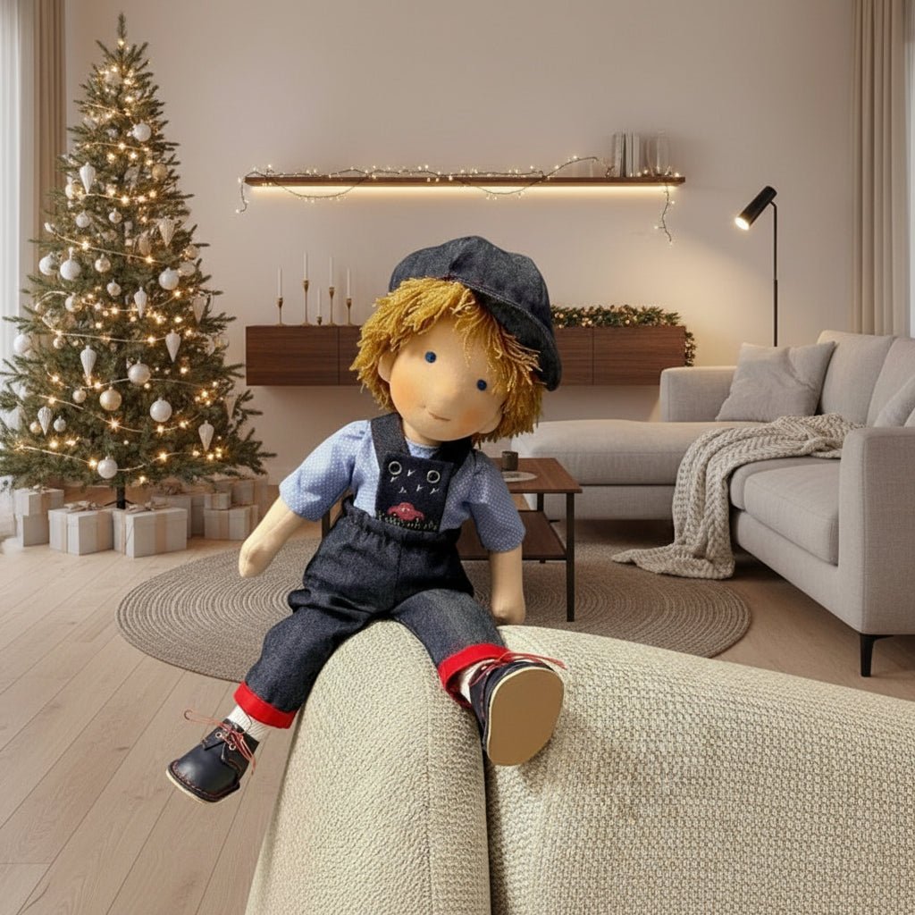 MELLOMINA – Handmade Waldorf doll made of pure cotton with 30 cm tall, soft body for children