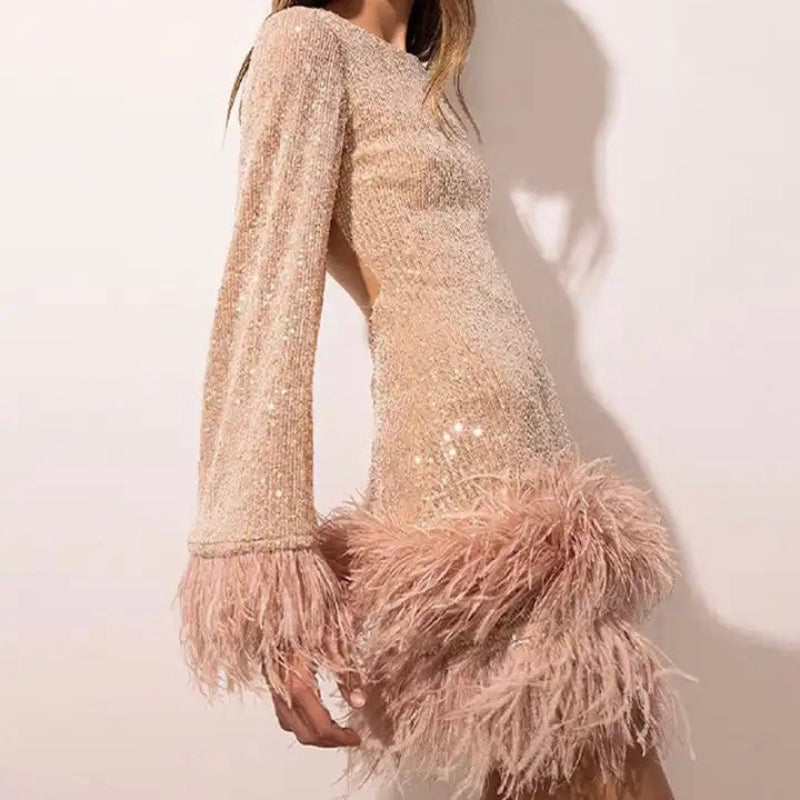Mini fitted dress for women with sequin hem and feathers