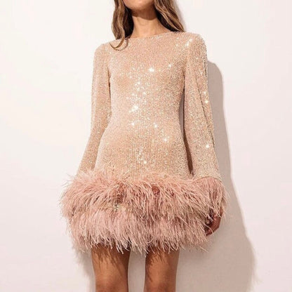 Mini fitted dress for women with sequin hem and feathers
