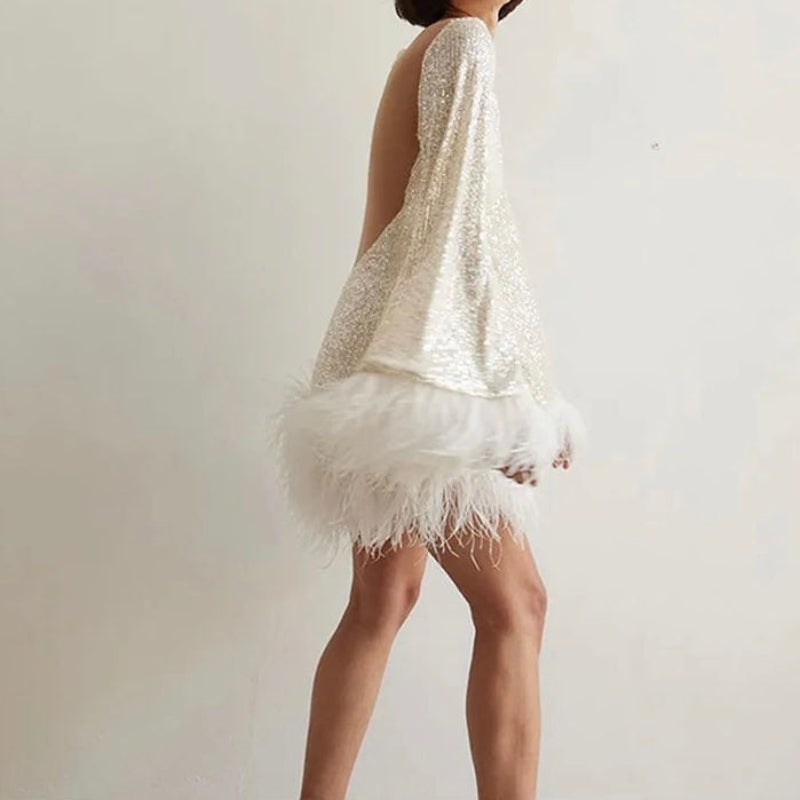 Mini fitted dress for women with sequin hem and feathers