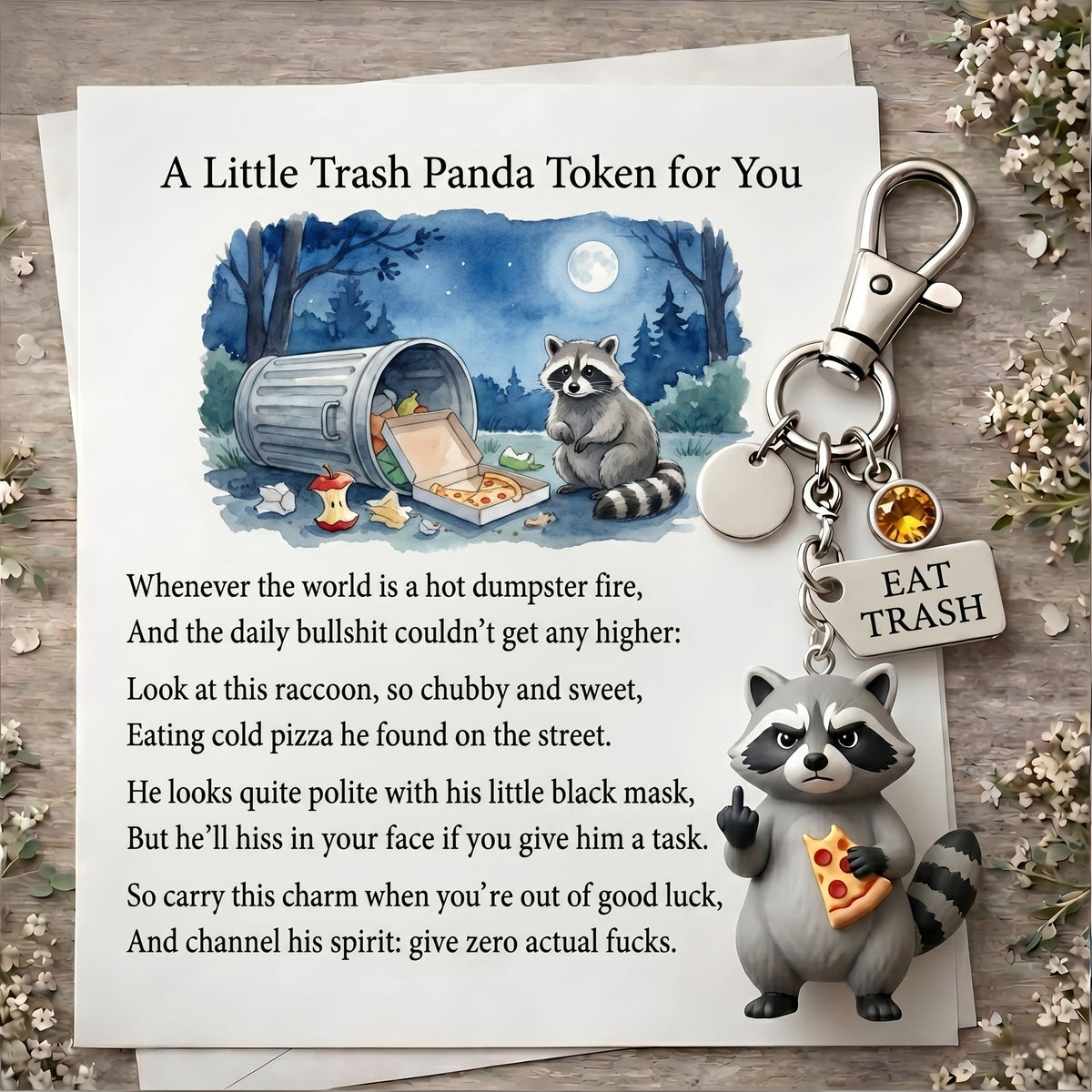 The "Zero F*cks" Trash Panda Keychain & Poem Set | Ultimate Dumpster Fire Survival Gift