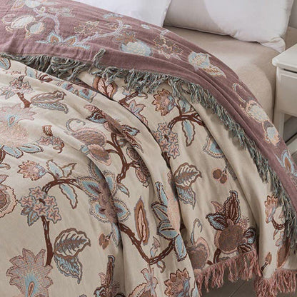 Floral Cotton Blanket with Tassel Trim