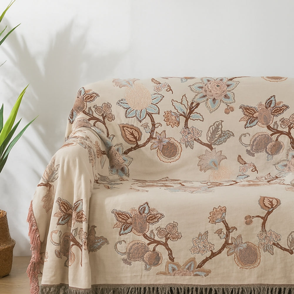 Floral Cotton Blanket with Tassel Trim
