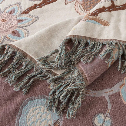 Floral Cotton Blanket with Tassel Trim