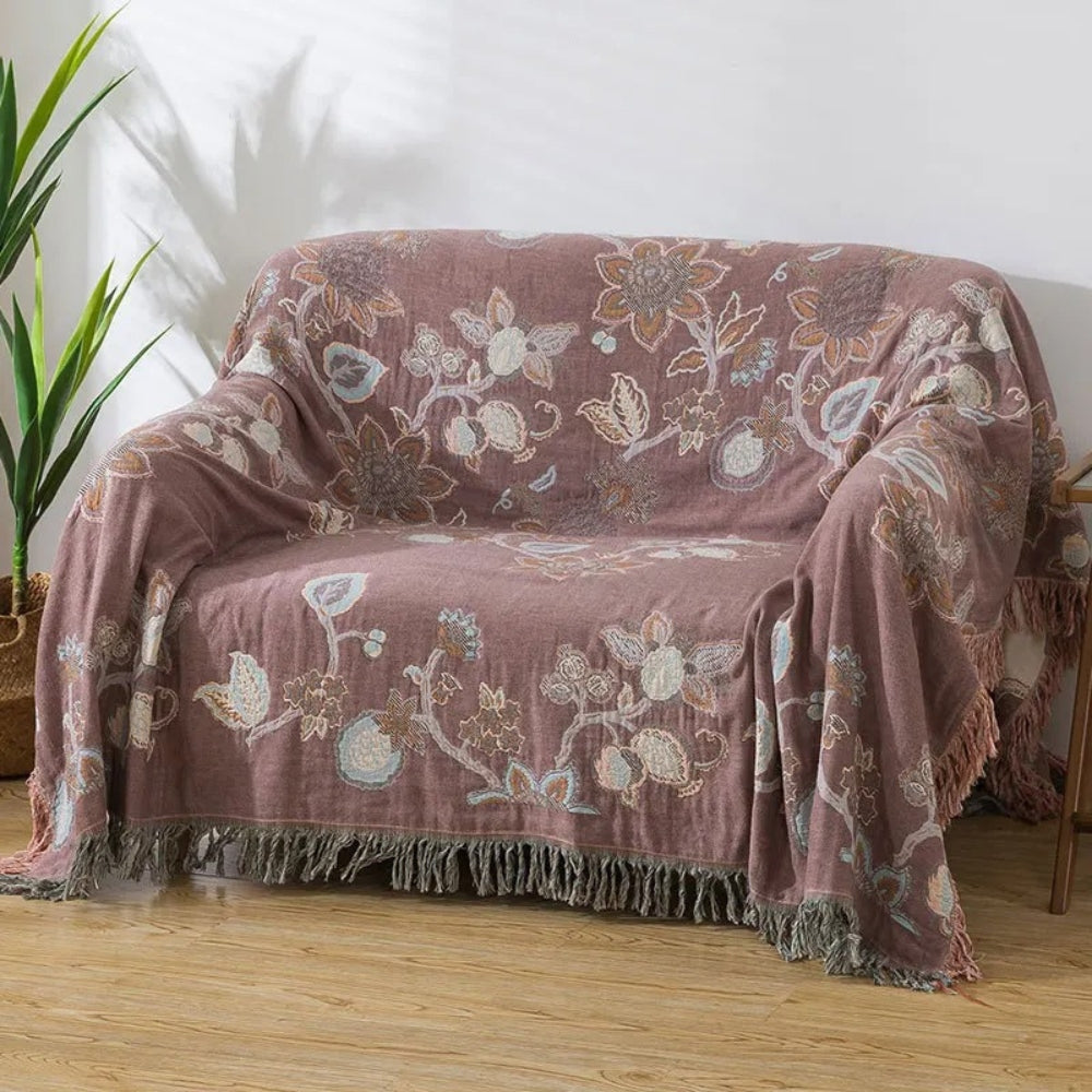 Floral Cotton Blanket with Tassel Trim