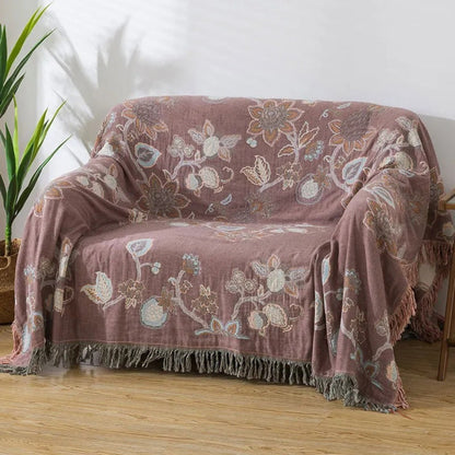 Floral Cotton Blanket with Tassel Trim