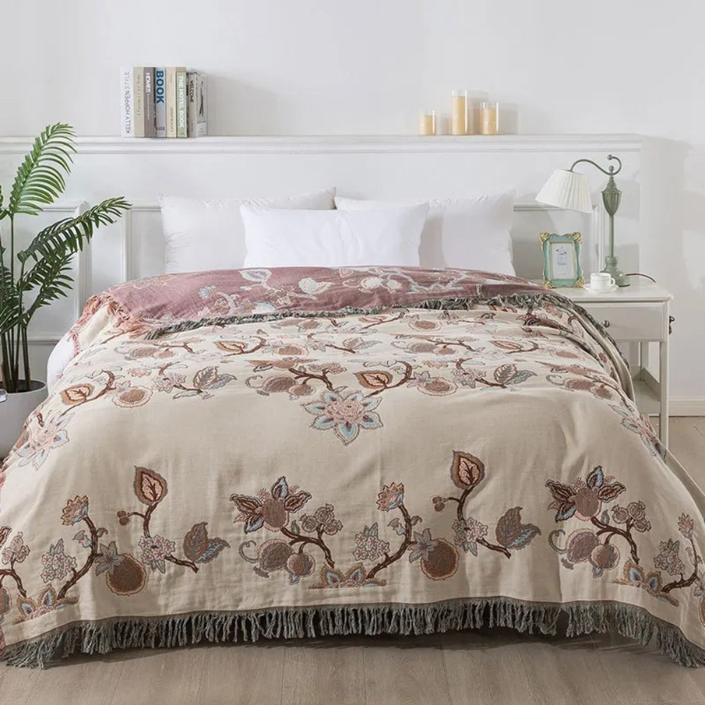 Floral Cotton Blanket with Tassel Trim