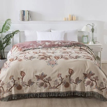Floral Cotton Blanket with Tassel Trim