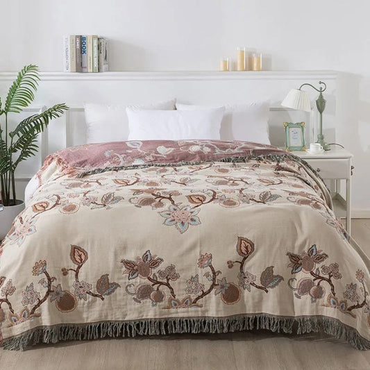 Floral Cotton Blanket with Tassel Trim