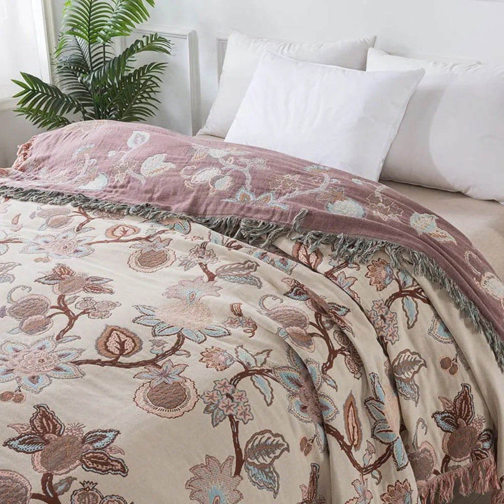 Floral Cotton Blanket with Tassel Trim
