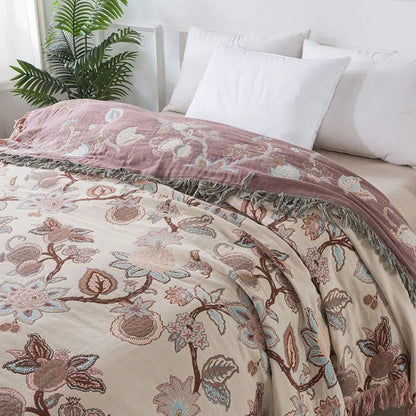 Floral Cotton Blanket with Tassel Trim