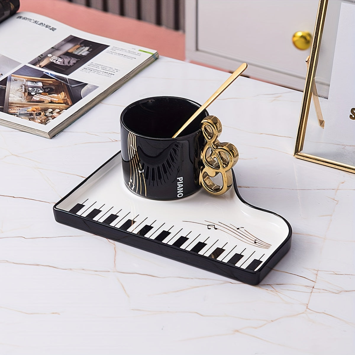 Musical Notes Piano Cup and Saucer Set with Tray
