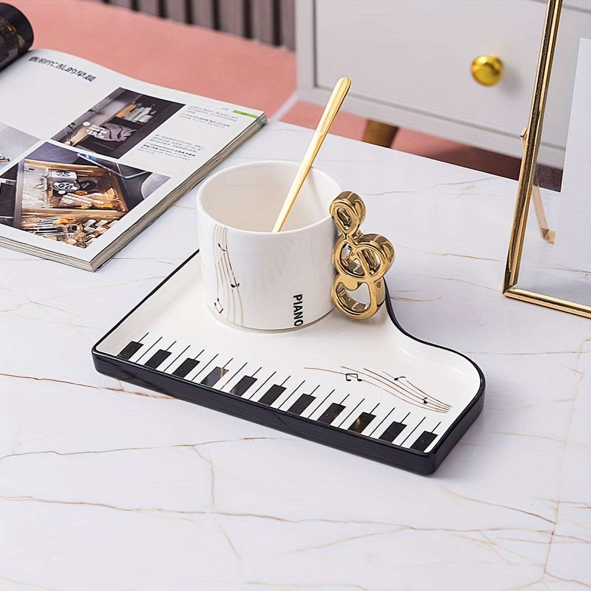 Musical Notes Piano Cup and Saucer Set with Tray