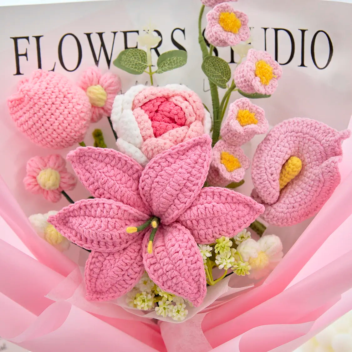 Mother’s Day Gift Pink Crochet Lily Rose Tulip Bouquet