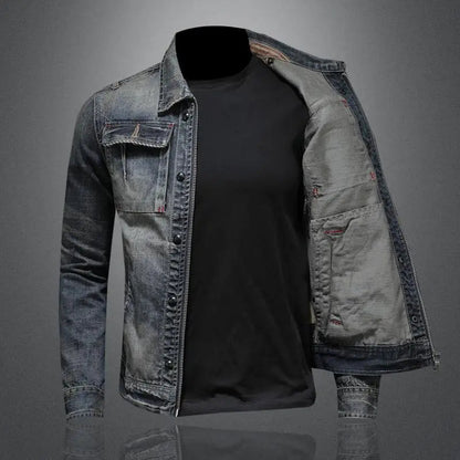 Retro Denim Jacket with Long Sleeves and High Collar