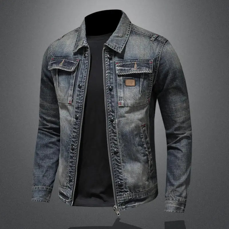 Retro Denim Jacket with Long Sleeves and High Collar