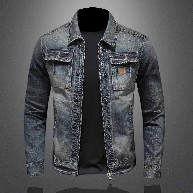 Retro Denim Jacket with Long Sleeves and High Collar