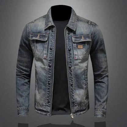 Retro Denim Jacket with Long Sleeves and High Collar