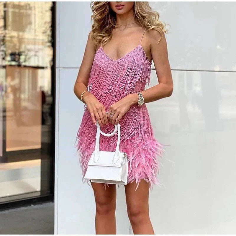 Sparkling Feather Trim Mini Dress