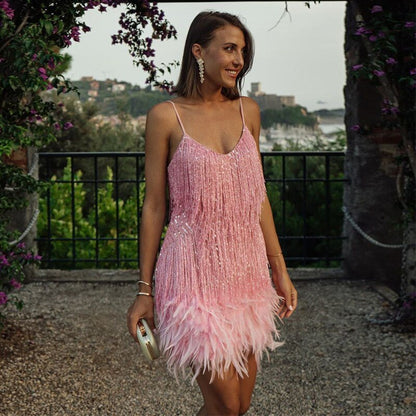 Sparkling Feather Trim Mini Dress