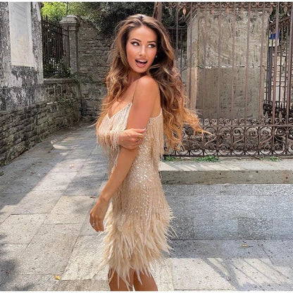 Sparkling Feather Trim Mini Dress