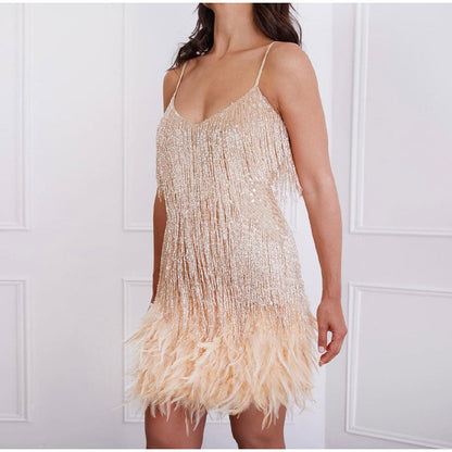 Sparkling Feather Trim Mini Dress