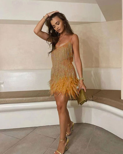 Sparkling Feather Trim Mini Dress