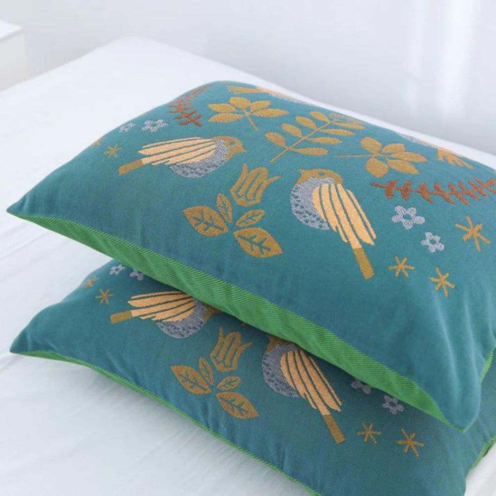 Cotton Gauze Pillowcases with Bird & Floral Design (2-Pack)