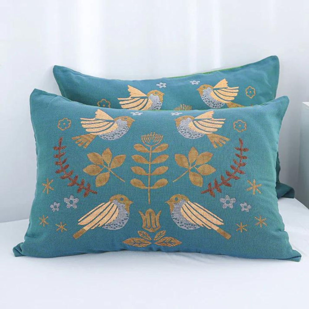 Cotton Gauze Pillowcases with Bird & Floral Design (2-Pack)