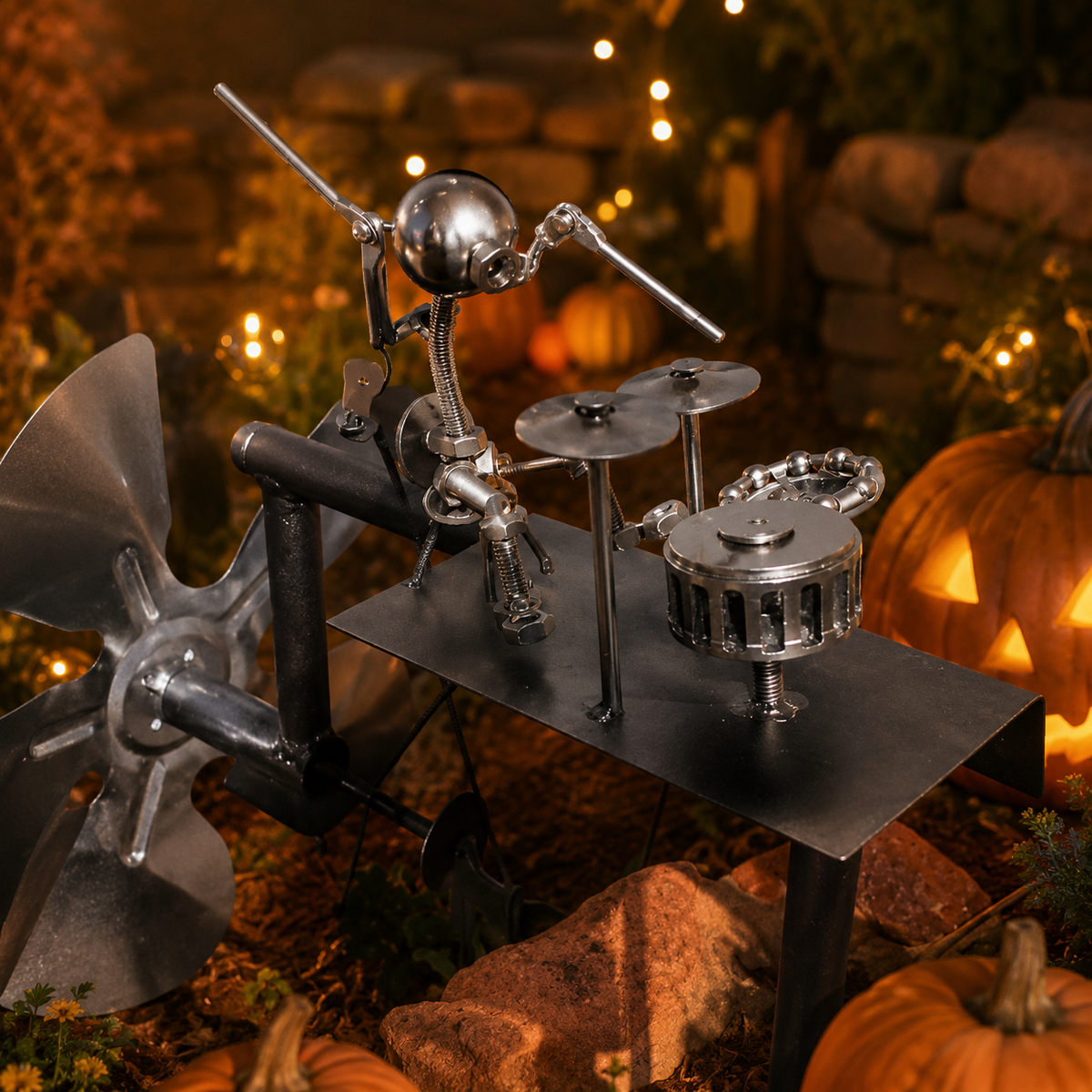 Halloween Skeleton Metal Drummers Garden Stake