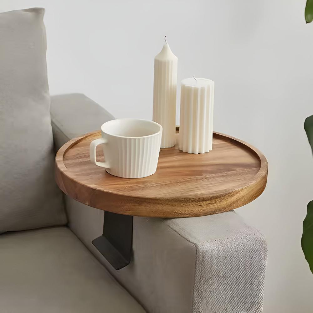 Wooden Sofa Armrest Tray with Walnut Finish