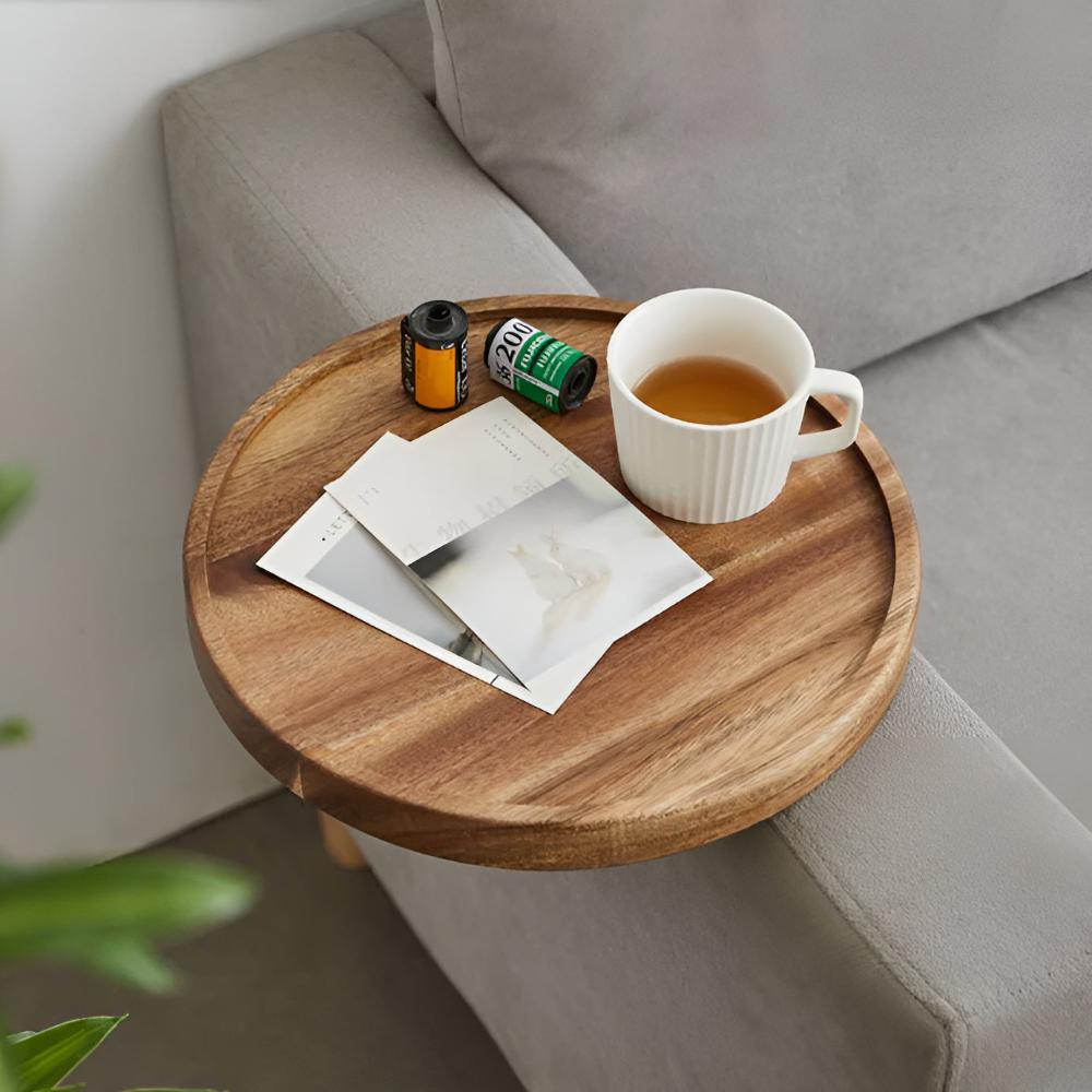 Wooden Sofa Armrest Tray with Walnut Finish
