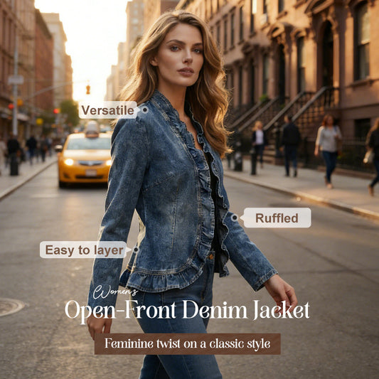 LIMITED-TIME 49% OFF! Women's Denim Jacket – Open-Front, Ruffle Trim, Lightweight, Classic Wash