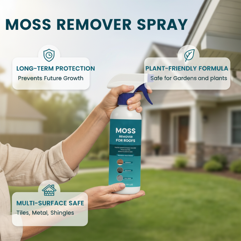 Multi-Surface Roof Moss & Algae Cleaner Spray – Spray, Rinse, and Watch It Shine! Tough on moss, gentle on plants – a cleaner roof in minutes.