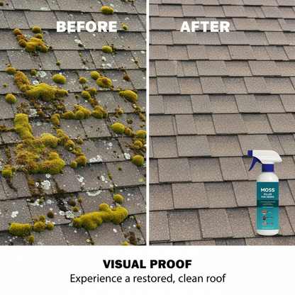 Multi-Surface Roof Moss & Algae Cleaner Spray – Spray, Rinse, and Watch It Shine! Tough on moss, gentle on plants – a cleaner roof in minutes.