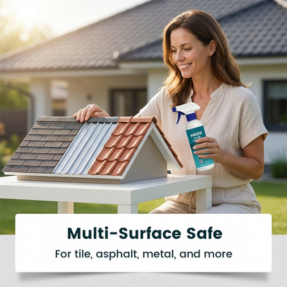 Multi-Surface Roof Moss & Algae Cleaner Spray – Spray, Rinse, and Watch It Shine! Tough on moss, gentle on plants – a cleaner roof in minutes.