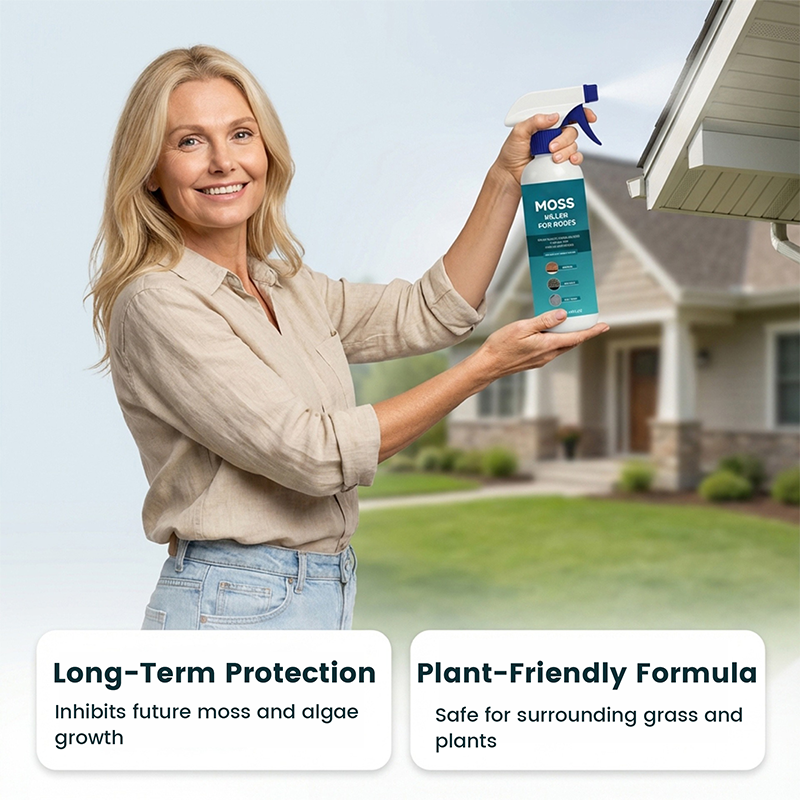 Multi-Surface Roof Moss & Algae Cleaner Spray – Spray, Rinse, and Watch It Shine! Tough on moss, gentle on plants – a cleaner roof in minutes.
