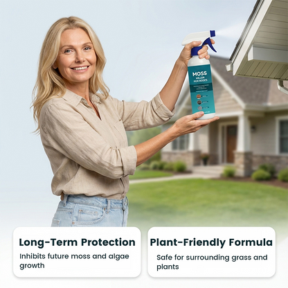 Multi-Surface Roof Moss & Algae Cleaner Spray – Spray, Rinse, and Watch It Shine! Tough on moss, gentle on plants – a cleaner roof in minutes.