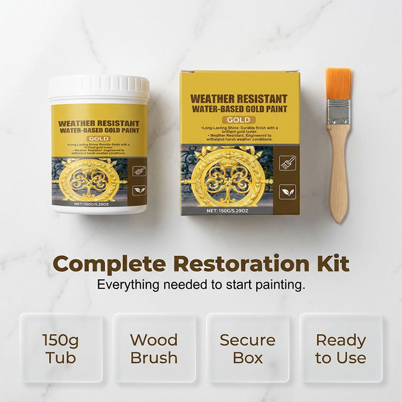 50% OFF NOW! Weather-Resistant Gold Paint – Rich Foil Effect, Fast-Drying – For Wood, Metal & Stone