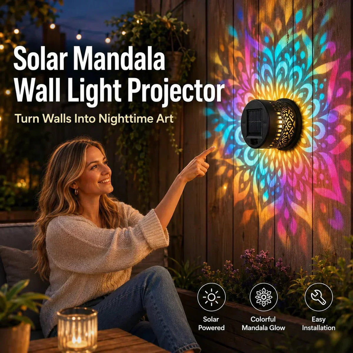 50% OFF NOW! Solar Mandala Light – Stunning Pattern Projection, 2-in-1 Floor & Wall Design & IP65 Waterproof Auto On/Off