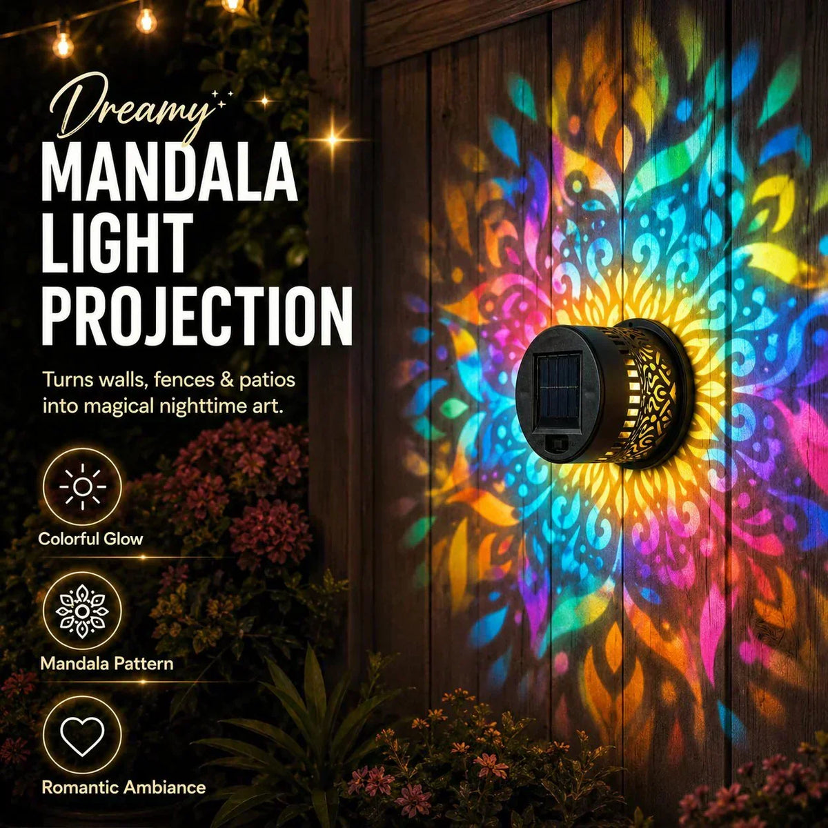 50% OFF NOW! Solar Mandala Light – Stunning Pattern Projection, 2-in-1 Floor & Wall Design & IP65 Waterproof Auto On/Off