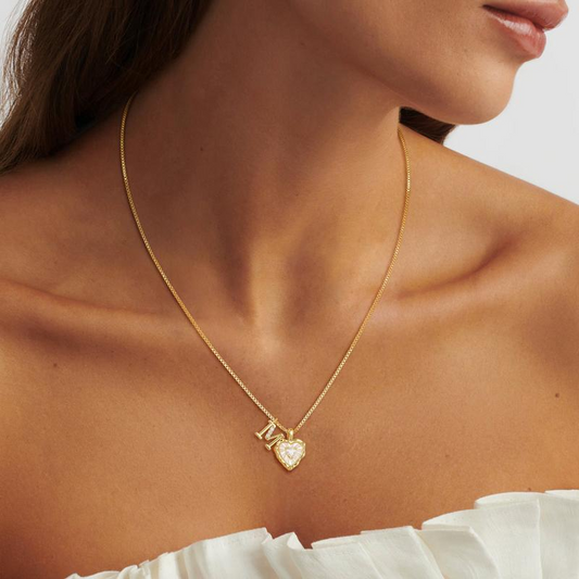Heart Shaped Letters Micro Pave Chain Necklace – Initial Pendant, Titanium Steel, Adjustable