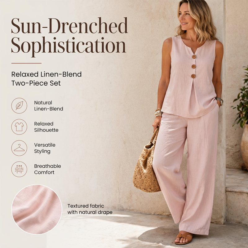 Elegant Linen Two-Piece Outfit – Button Vest & Loose-Fit Pants Set
