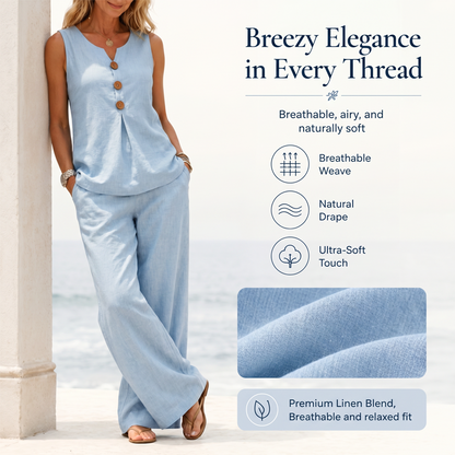 Elegant Linen Two-Piece Outfit – Button Vest & Loose-Fit Pants Set