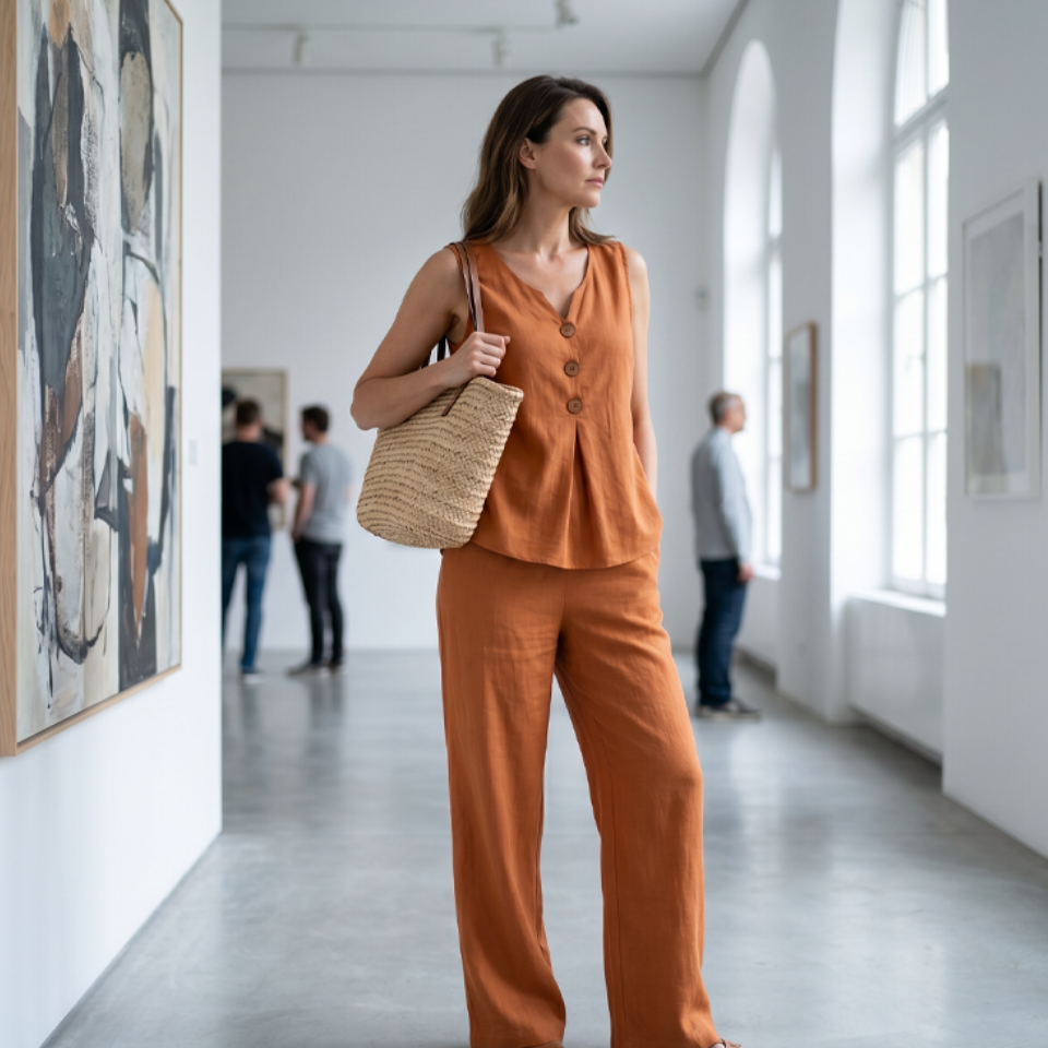 Elegant Linen Two-Piece Outfit – Button Vest & Loose-Fit Pants Set
