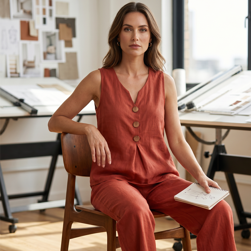 Elegant Linen Two-Piece Outfit – Button Vest & Loose-Fit Pants Set