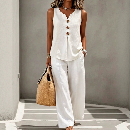 Elegant Linen Two-Piece Outfit – Button Vest & Loose-Fit Pants Set