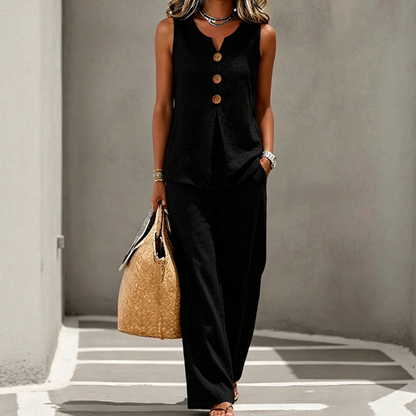 Elegant Linen Two-Piece Outfit – Button Vest & Loose-Fit Pants Set