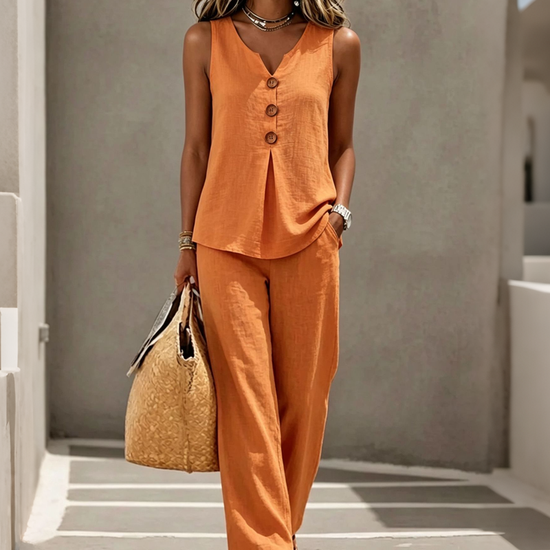 Elegant Linen Two-Piece Outfit – Button Vest & Loose-Fit Pants Set
